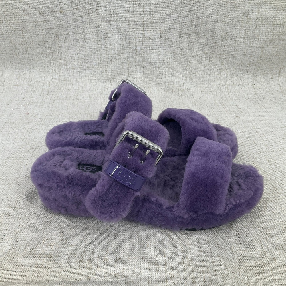 UGG Fuzz Sugar Slide Sandals‎ Womens 7 Purple Sheepskin Buckle Platform